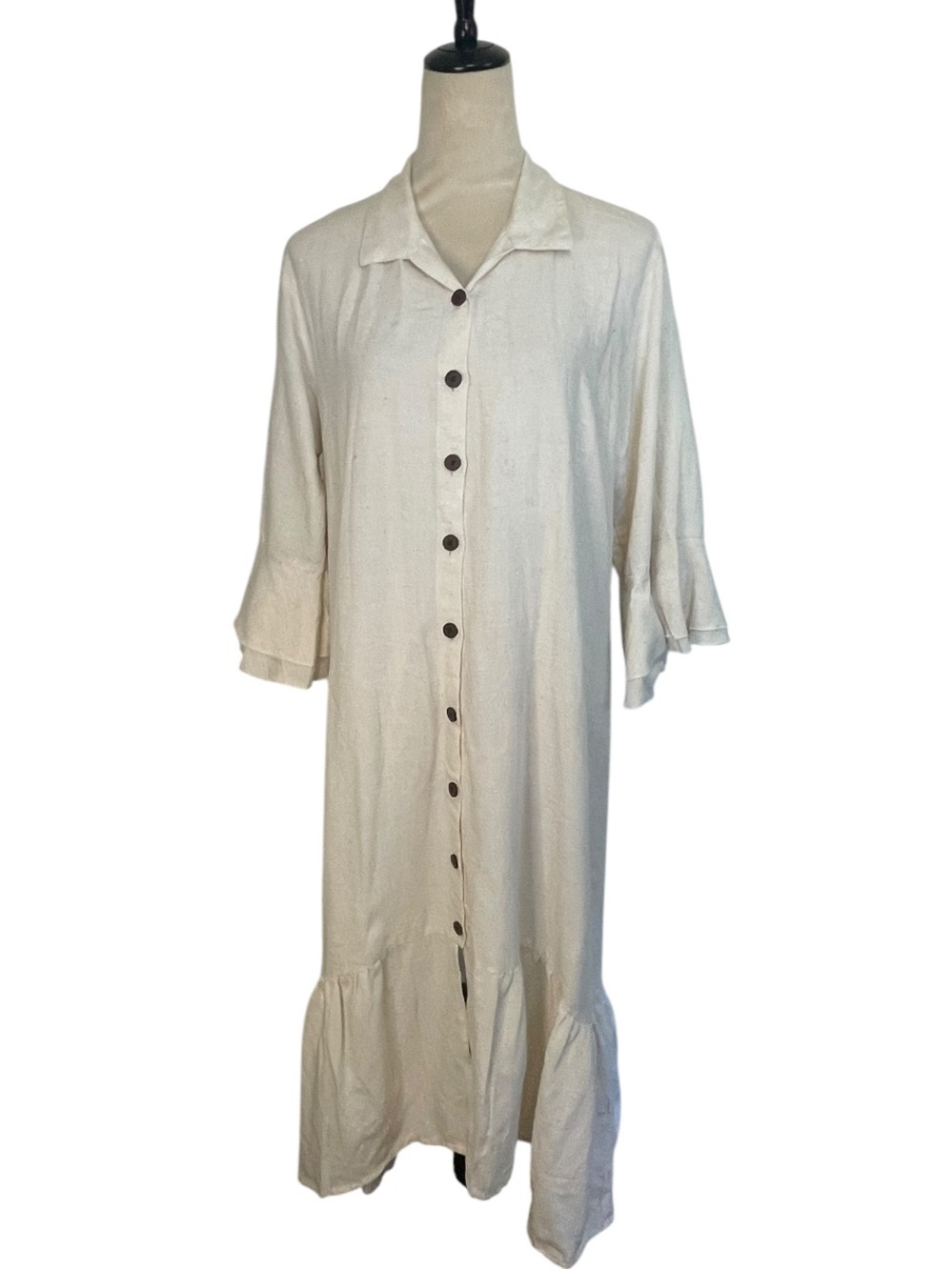 Cassee's Cream Linen Blend Button Down  Ruffle Hem Dress